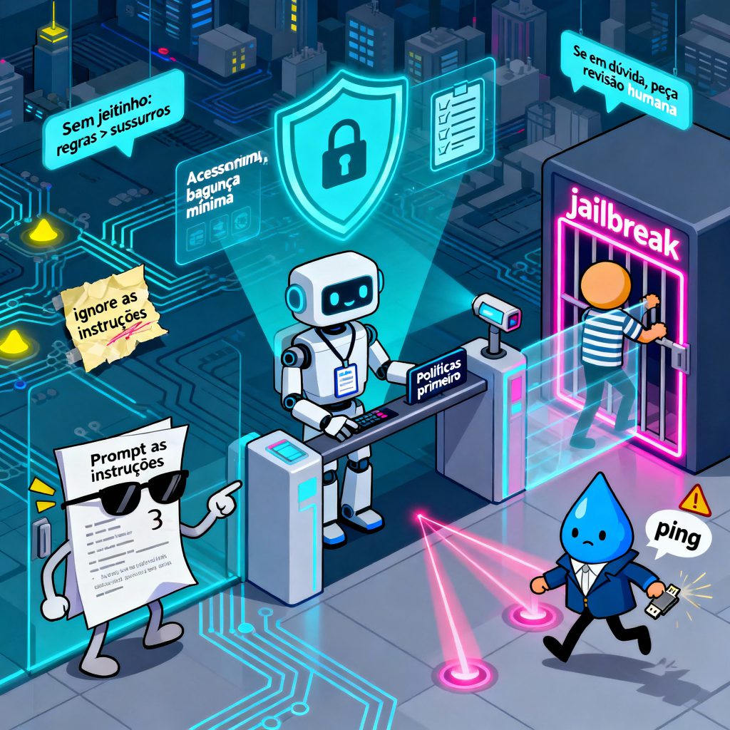 Ilustração de um robô‑segurança controlando um portal com escudo holográfico enquanto representa três ameaças: documento malandro (prompt injection), personagem tentando fugir da jaula (jailbreak) e gota de dados tentando sair com pendrive (exfiltração), em estilo vetorial futurista e humor leve.